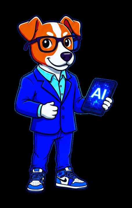 BYTE, the DGX AI workforce companion: a cartoon dog in glasses, a blue suit and sneakers, holding a tablet that reads AI